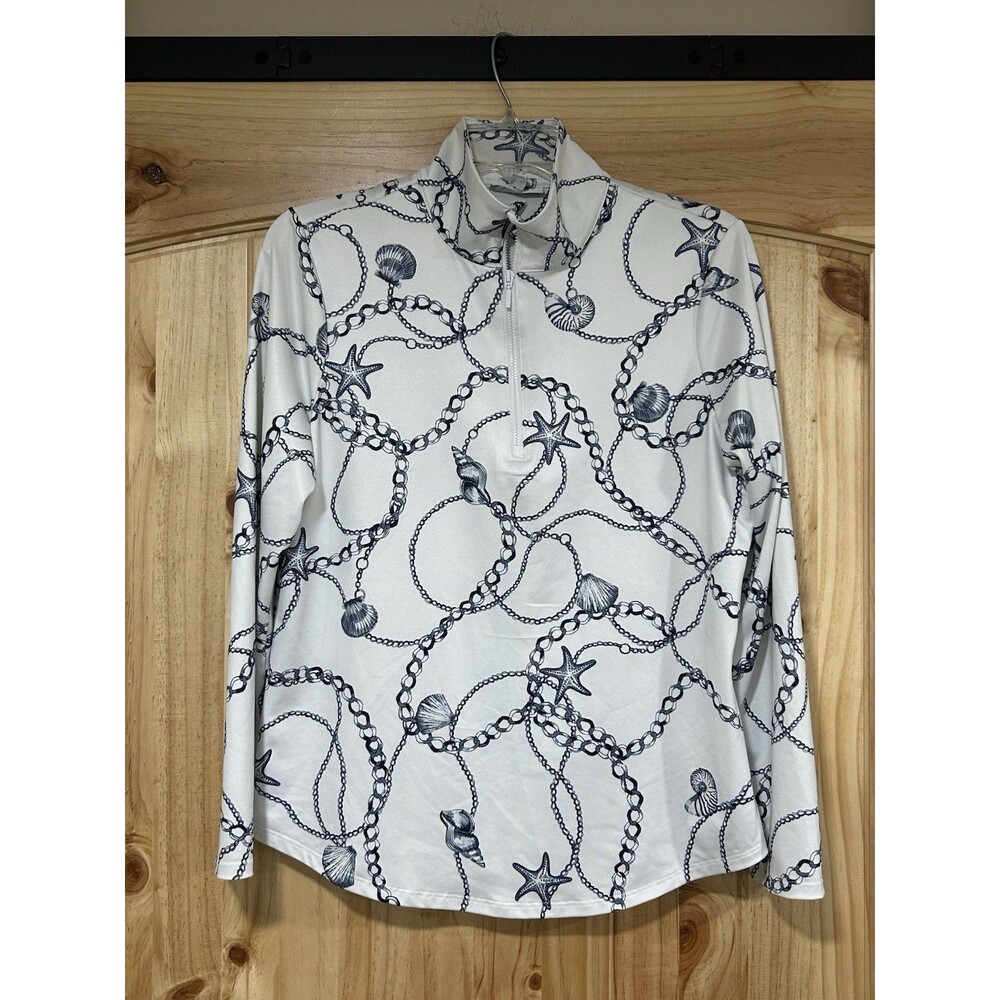 Chicos Zenergy 1/4 Zip White W Navy Blue Nautical Chains Shells Size 1 UPF